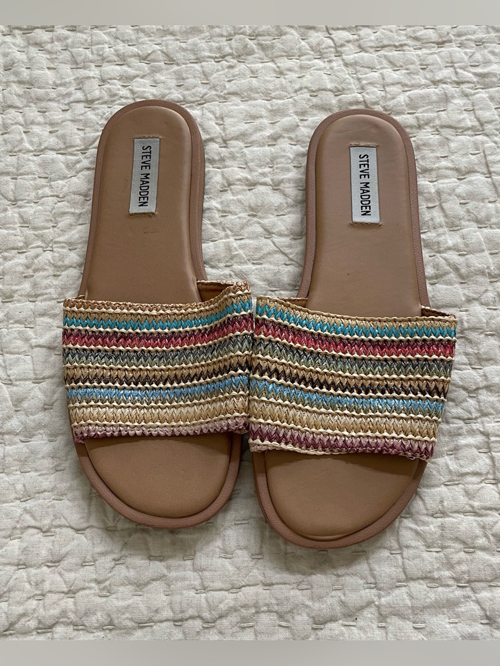 Steve Madden Tan Sandals with Multicolor Woven Strap